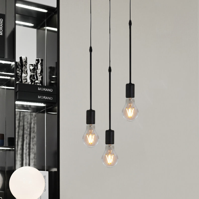 Metal Black Multi Hanging Light Draping Bare Bulb 3/5/10-Light Warehouse Ceiling Pendant Lamp with Round/Linear Canopy