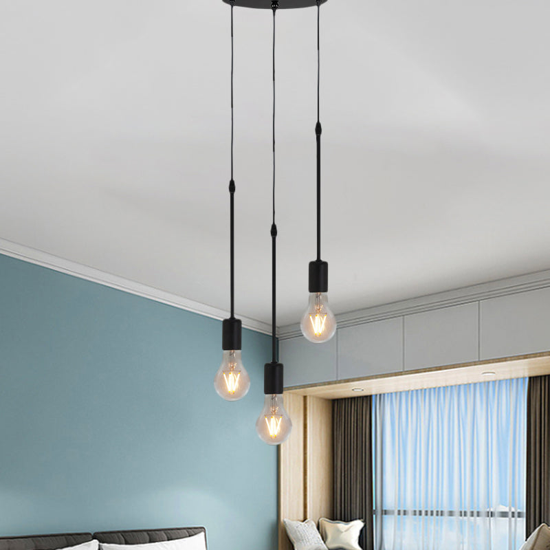 Metal Black Multi Hanging Light Draping Bare Bulb 3/5/10-Light Warehouse Ceiling Pendant Lamp with Round/Linear Canopy