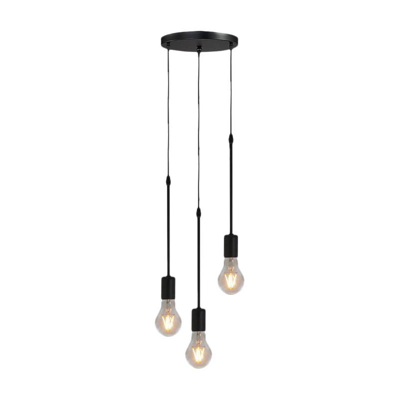 Metal Black Multi Hanging Light Draping Bare Bulb 3/5/10-Light Warehouse Ceiling Pendant Lamp with Round/Linear Canopy