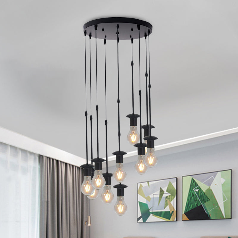 Iron Exposed Bulb Drapes Ceiling Light Loft 5/10 Heads Bistro Multi Light Pendant Lighting in Black, Round/Linear Canopy