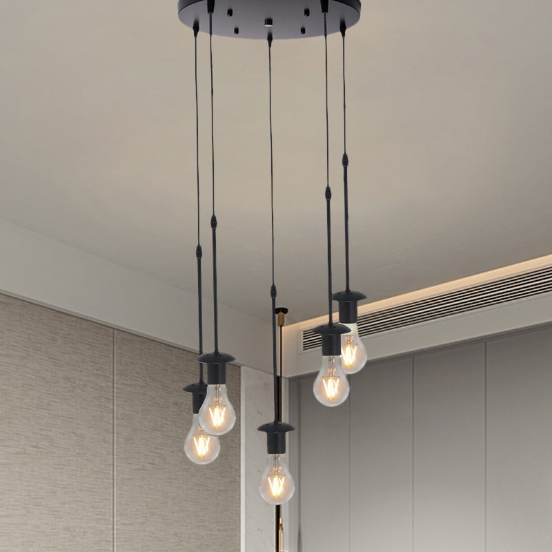 Iron Exposed Bulb Rides Lument de plafond Loft 5/10 Heads Bistro Multi Light Pendant Lighting in Black, Round / Linear Canopy