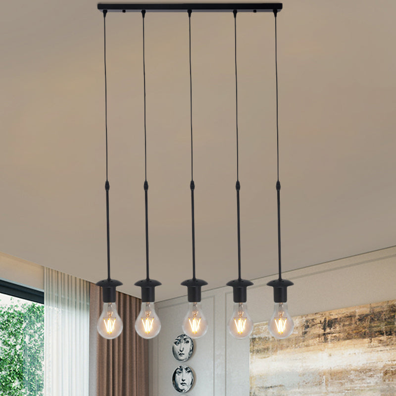 Iron Exposed Bulb Drapes Ceiling Light Loft 5/10 Heads Bistro Multi Light Pendant Lighting in Black, Round/Linear Canopy