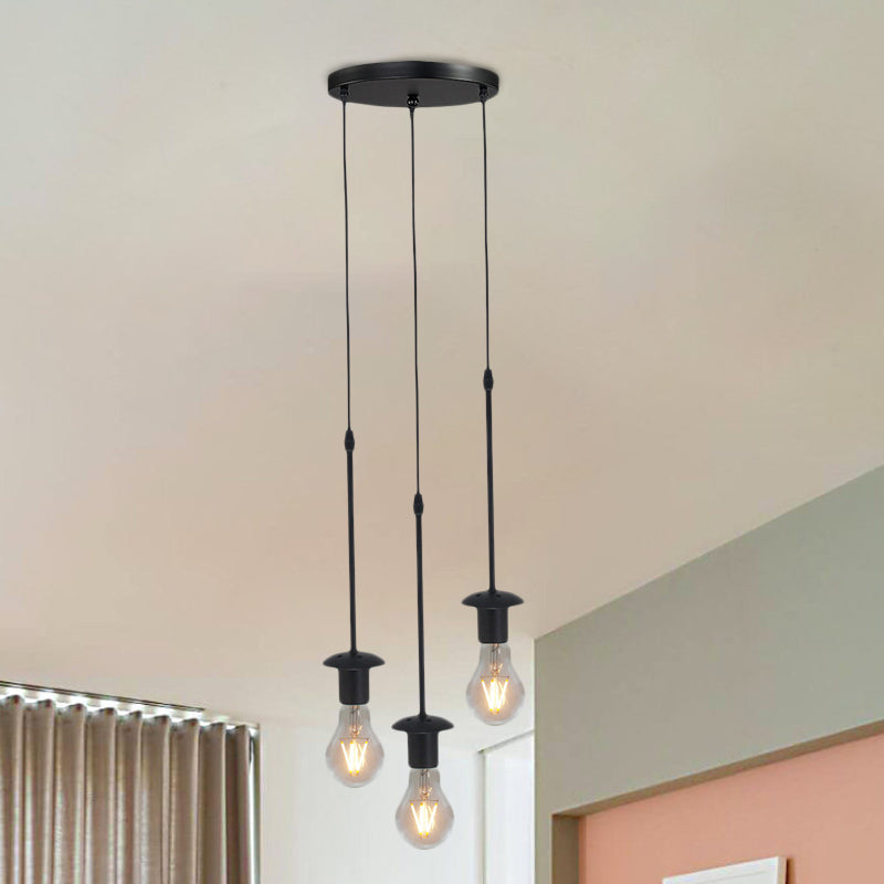 Iron Exposed Bulb Drapes Ceiling Light Loft 5/10 Heads Bistro Multi Light Pendant Lighting in Black, Round/Linear Canopy