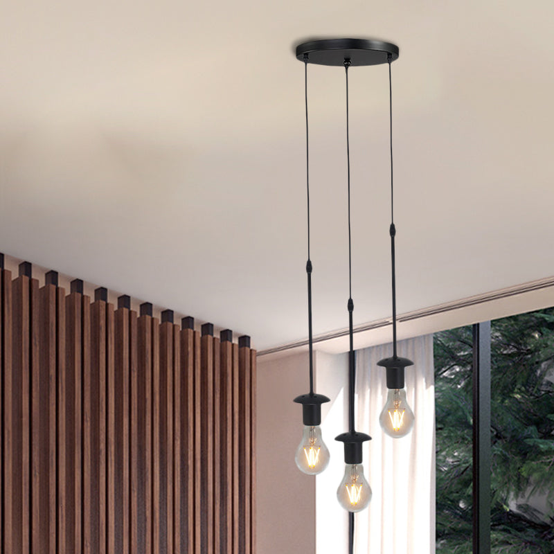 Iron Exposed Bulb Drapes Ceiling Light Loft 5/10 Heads Bistro Multi Light Pendant Lighting in Black, Round/Linear Canopy