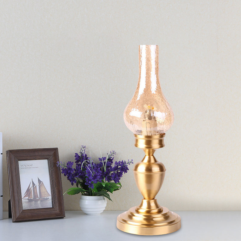 Amber Crackle Glass Table Lamp Industrial 1-Light Bedroom Nightstand Light in Gold with Urn Base