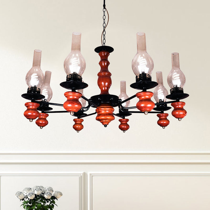 Vase Dining Room Pendant Chandelier Coastal Clear Glass 8 Heads Hanging Lamp Kit with Red Brown Wood Base