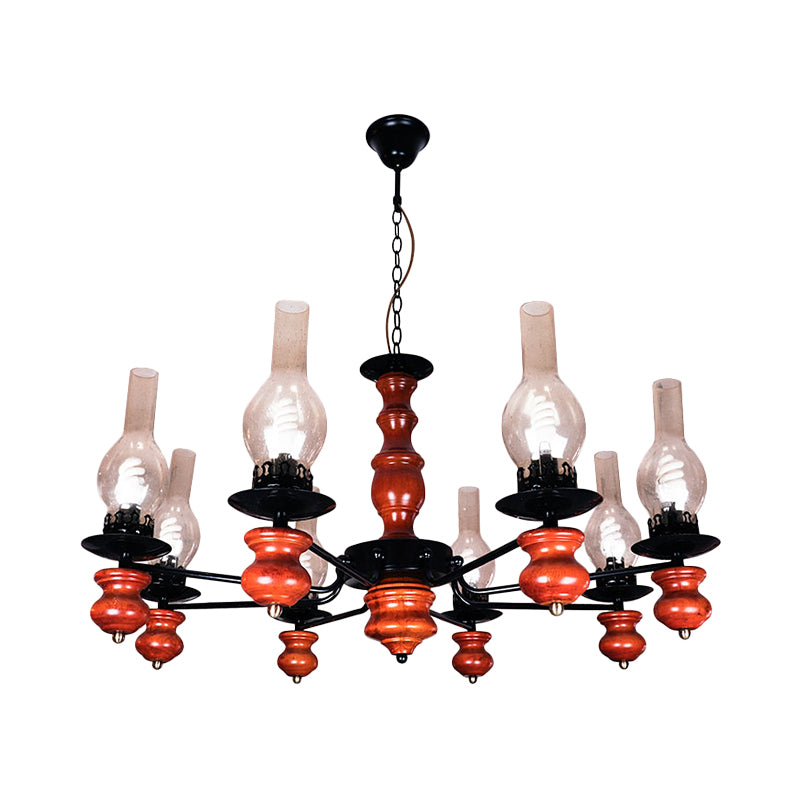 Vase Dining Room Pendant Chandelier Coastal Clear Glass 8 Heads Hanging Lamp Kit with Red Brown Wood Base