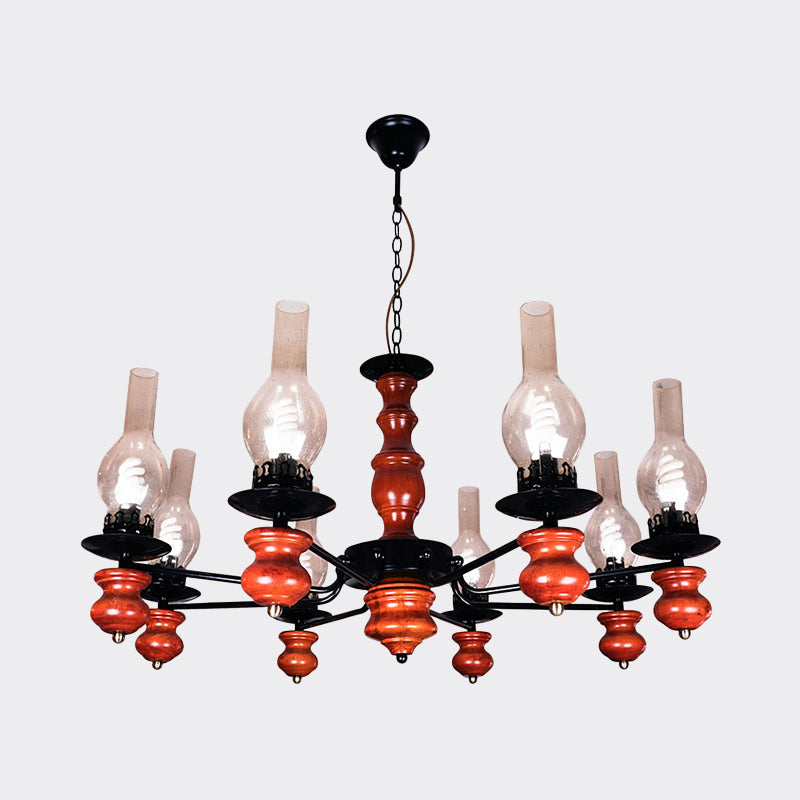 Vase Dining Room Pendant Chandelier Coastal Clear Glass 8 Heads Hanging Lamp Kit with Red Brown Wood Base