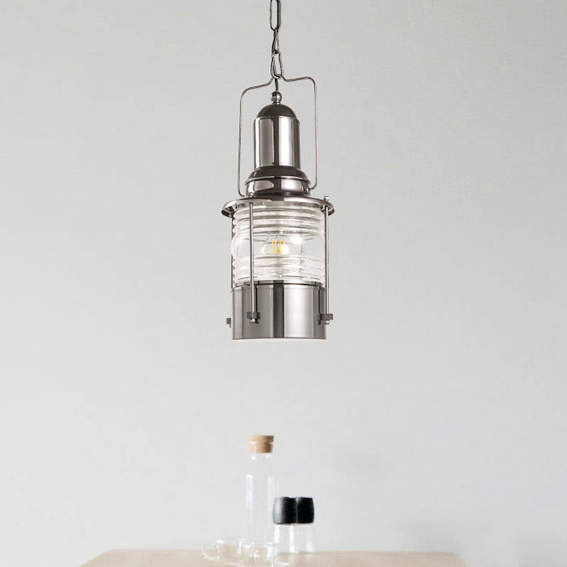 Chrome 1-Bulb Pendant Lamp Industrial Clear Ribbed Glass Cylinder Hanging Ceiling Light