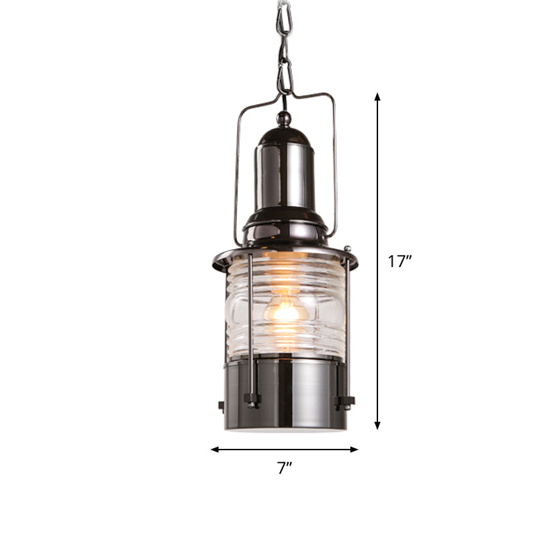 Chrome 1-Bulb Pendant Lamp Industrial Clear Ribbed Glass Cylinder Hanging Ceiling Light