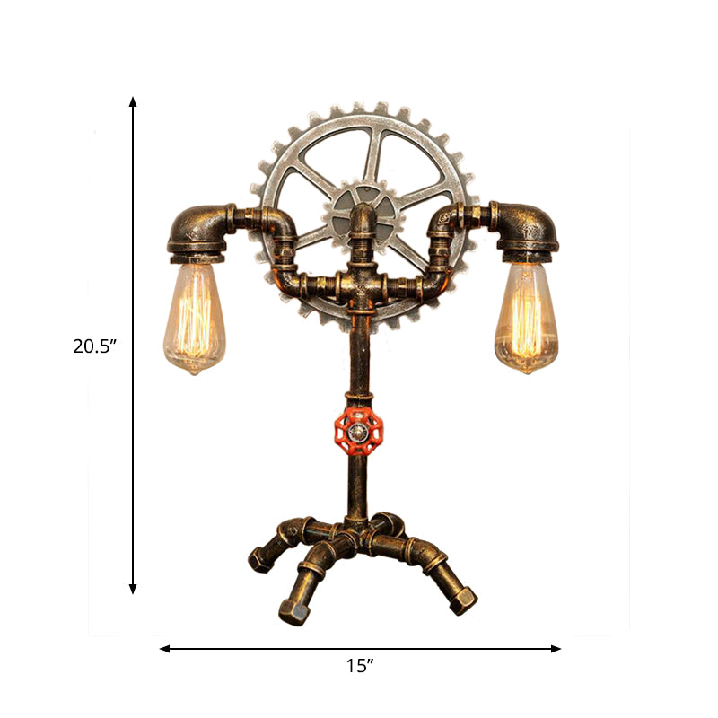 2 Lights Table Lighting with Water Pipe and Gear Wrought Iron Bedroom Standing Light in Antique Brass