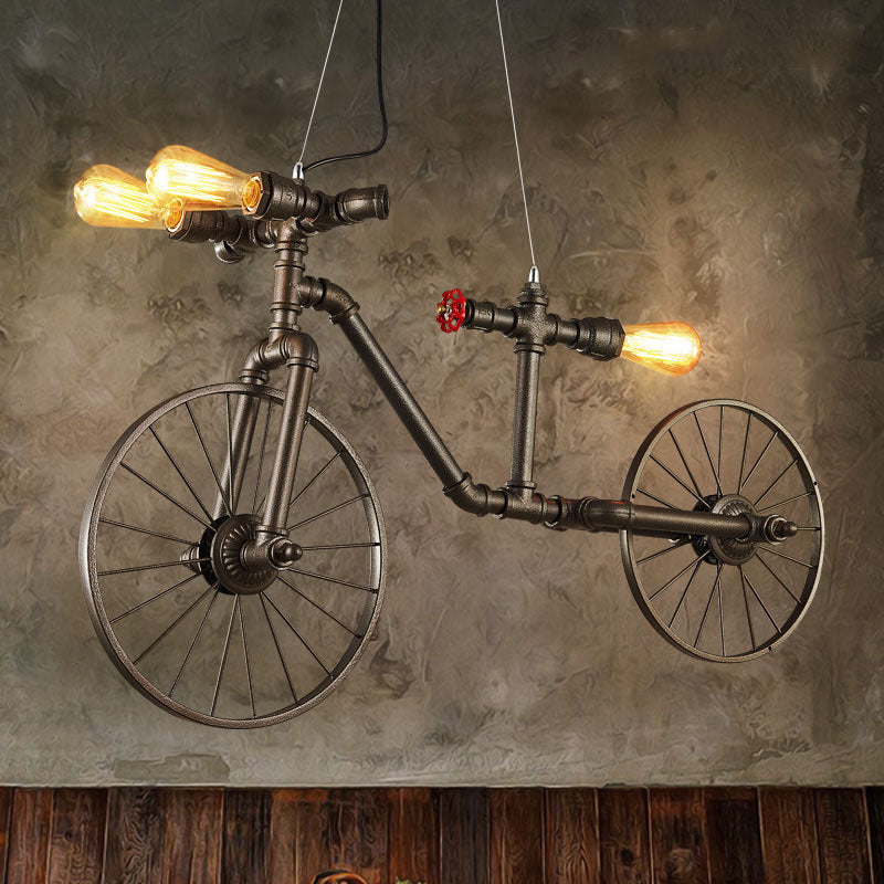 Bronze Bicycle Shaped Pendant Lighting Antique Style Metal 3 Lights Indoor Ceiling Light with Pipe Design