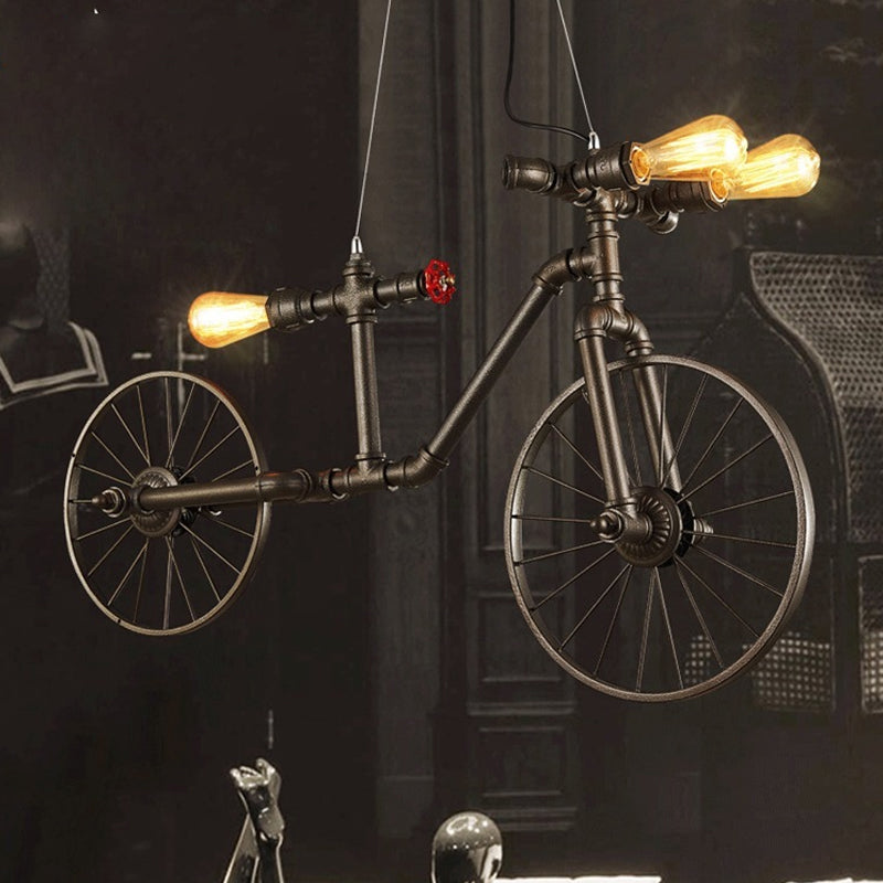 Bronze Bicycle Shaped Pendant Lighting Antique Style Metal 3 Lights Indoor Ceiling Light with Pipe Design