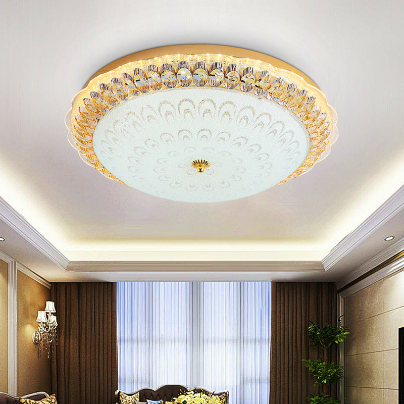 16"/19.5" W LED Bowl Shade Flush Ceiling Light Contemporary Gold Finish Crystal Flush Mount with Opal Texture Glass Shade