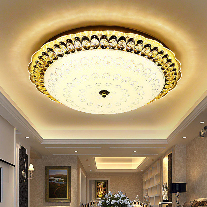 16"/19.5" W LED Bowl Shade Flush Ceiling Light Contemporary Gold Finish Crystal Flush Mount with Opal Texture Glass Shade