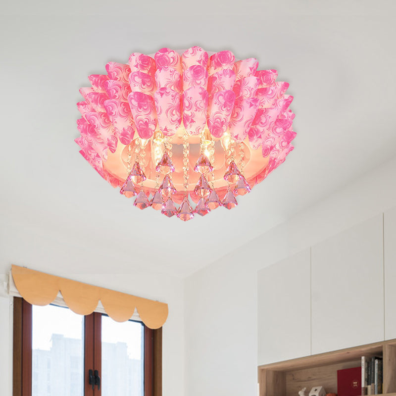 5 Lights Flush Mount Lamp Modernism Blossom Crystal Ceiling Lighting in Pink/Purple for Bedroom