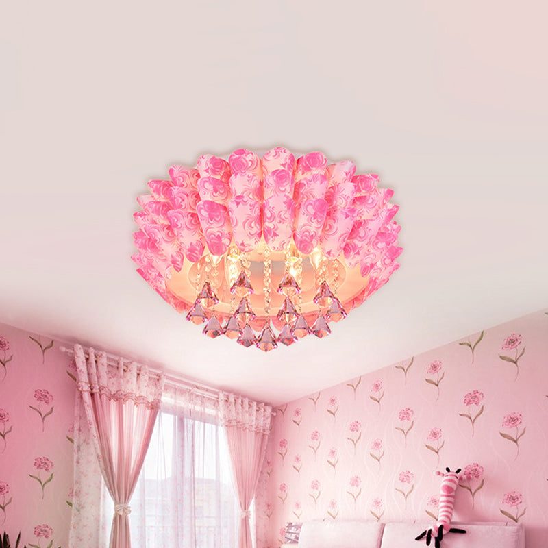 5 luces Lámpara de montaje de altura Modernismo Lucina de techo de cristal de flores en rosa/púrpura para dormitorio