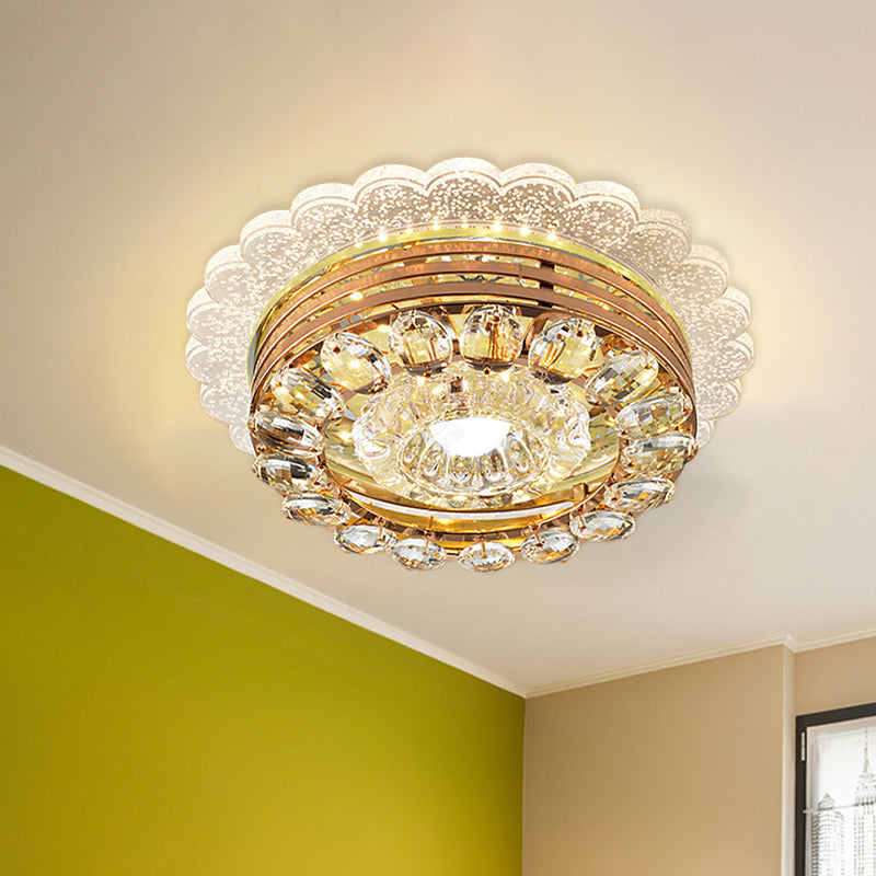 Clear Crystal Drop Gold Flushmount Light Scalloped Edge LED Minimalist Ceiling Lighting with Metal Round Design