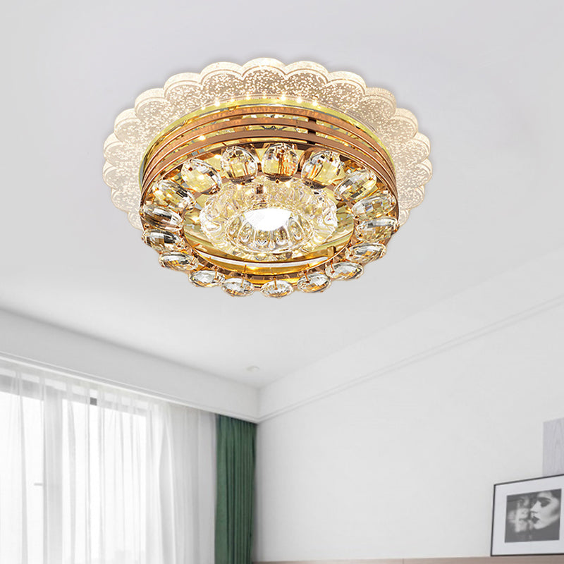 Clear Crystal Drop Gold Flushmount Light Scalloped Edge LED Minimalist Ceiling Lighting with Metal Round Design