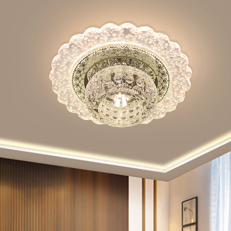 Clear Crystal Dome Flush Mount Fixture Modern LED Corridor Close to Ceiling Light with Ruffle Edge in Warm/White Light