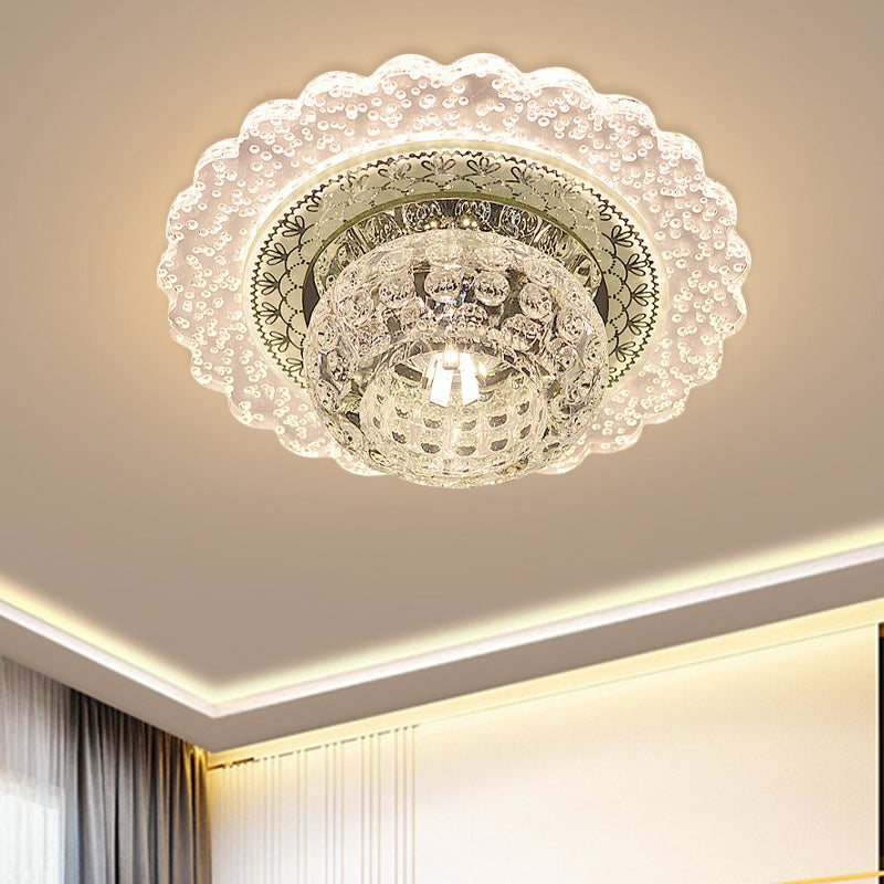 Clear Crystal Dome Flush Mount Fixture Modern LED Corridor Close to Ceiling Light with Ruffle Edge in Warm/White Light