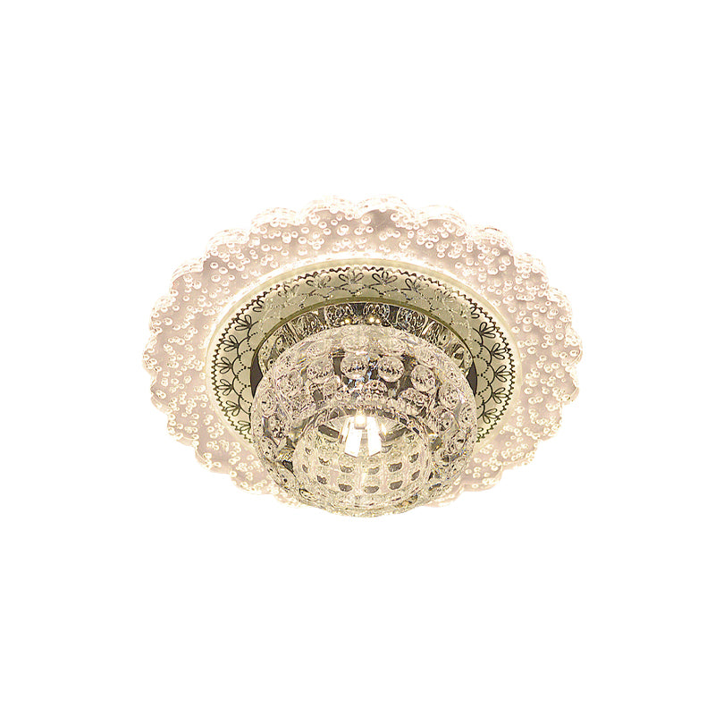 Clear Crystal Dome Flush Mount Fixture Modern LED Corridor Close to Ceiling Light with Ruffle Edge in Warm/White Light