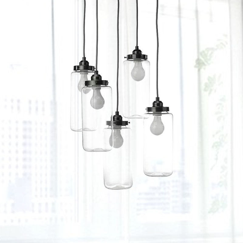 Black Cylinder Multi Pendant with Round Canopy Industrial Clear Glass 5-Light Coffee Shop Hanging Ceiling Light