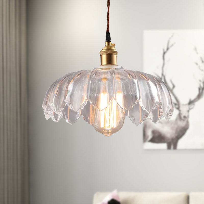 Single Bulb Hanging Ceiling Light with Scalloped Shade Clear Glass Industrial Living Room Pendant Lighting, 8"/10"/12" Wide