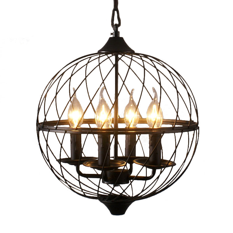 Iron Black Chandelier Lighting Global Mesh Shade 4 Bulbos Luz de techo industrial Luz de techo industrial con cadena ajustable para comedor