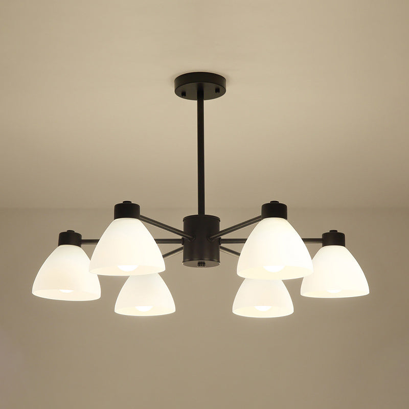 6/8/12-Head Dining Room Suspension Light Modern Style Black Finish Chandelier Lamp with Dome White Glass Shade