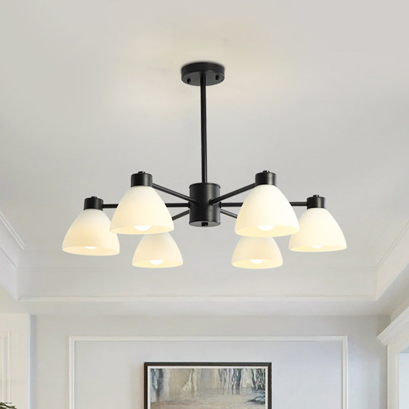 6/8/12-Head Dining Room Suspension Light Modern Style Black Finish Chandelier Lamp with Dome White Glass Shade