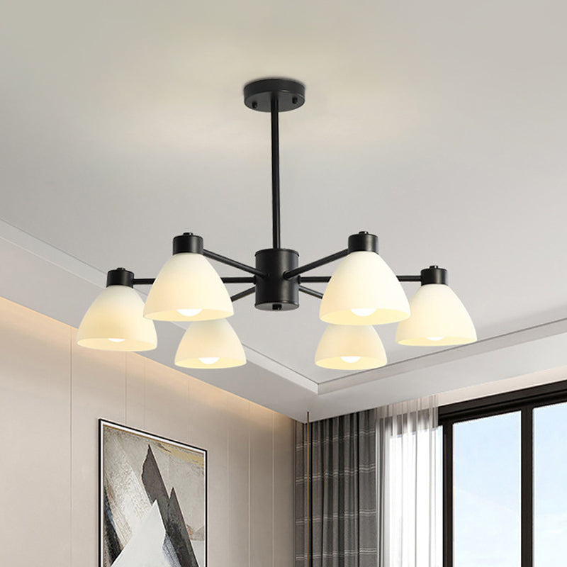 6/8/12-Head Dining Room Suspension Light Modern Style Black Finish Chandelier Lamp with Dome White Glass Shade