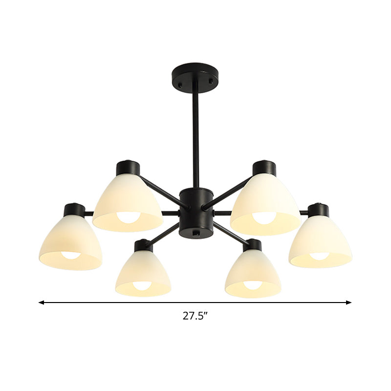 6/8/12-Head Dining Room Suspension Light Modern Style Black Finish Chandelier Lamp with Dome White Glass Shade