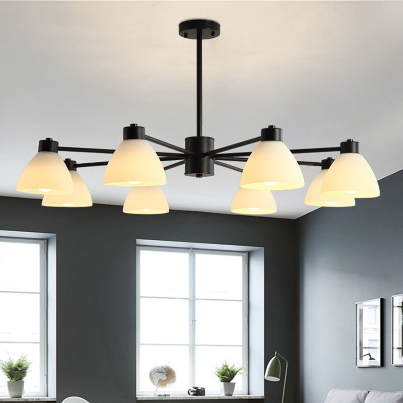 6/8/12-Head Dining Room Suspension Light Modern Style Black Finish Chandelier Lamp with Dome White Glass Shade