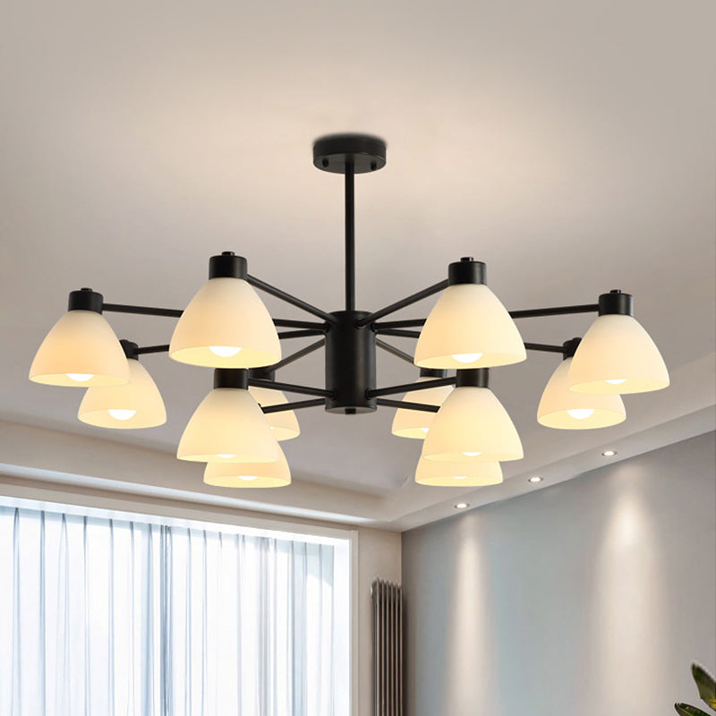 6/8/12-Head Dining Room Suspension Light Modern Style Black Finish Chandelier Lamp with Dome White Glass Shade