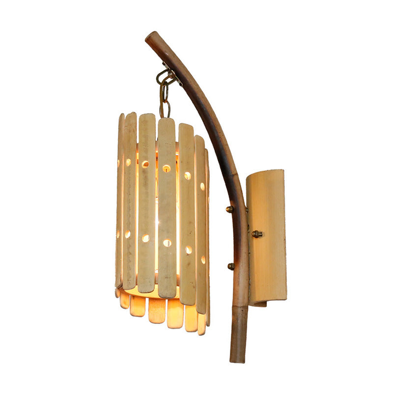 Lampada con funce a parete con corridoio a 1 testa lampada a parete a parete curva beige asiatica con tonalità in legno cilindro