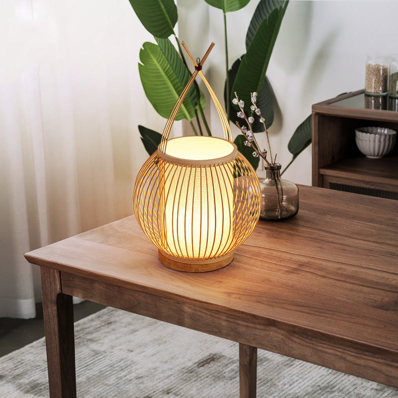 Beige Lantern Desk Light Asian Style Single Bulb Bamboo Night Table Lamp with Inner Tube Parchment Shade