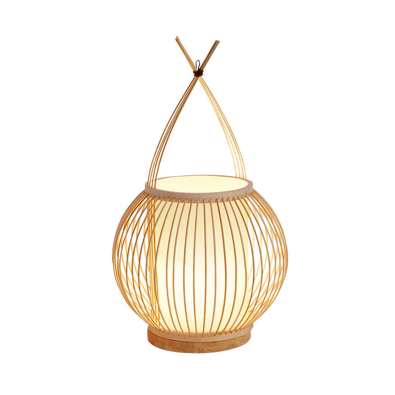 Beige Lantern Desk Light Asian Style Single Bulb Bamboo Night Table Lamp with Inner Tube Parchment Shade