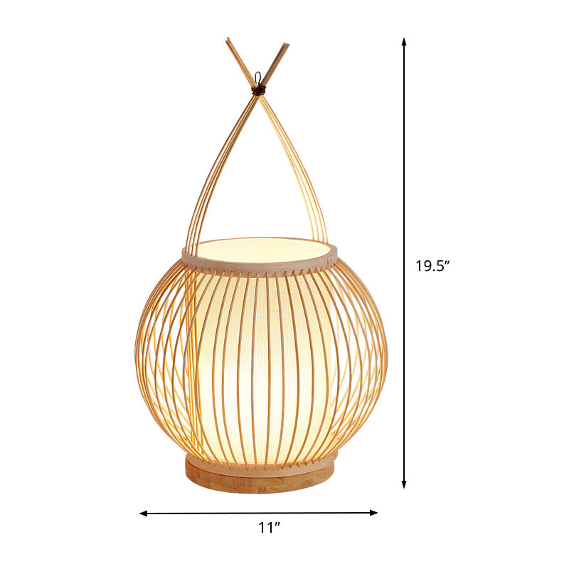 Beige Lantern Desk Light Asian Style Single Bulb Bamboo Night Table Lamp with Inner Tube Parchment Shade