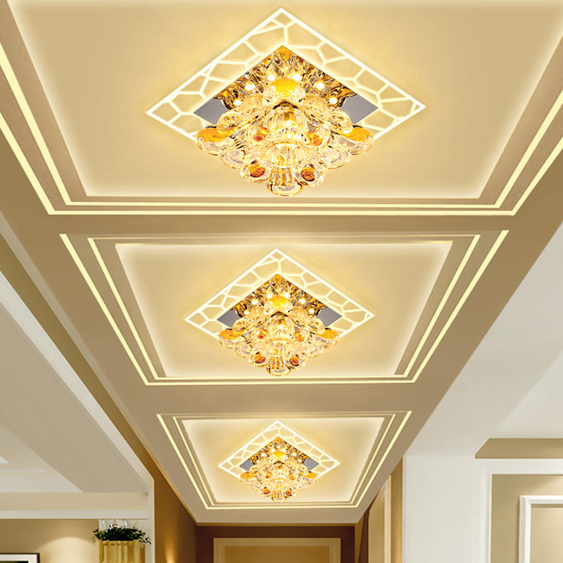 Patchwork Square Acrylic Flush Light Modernism Hallway LED Ceiling Lamp with Crystal Flower Shade