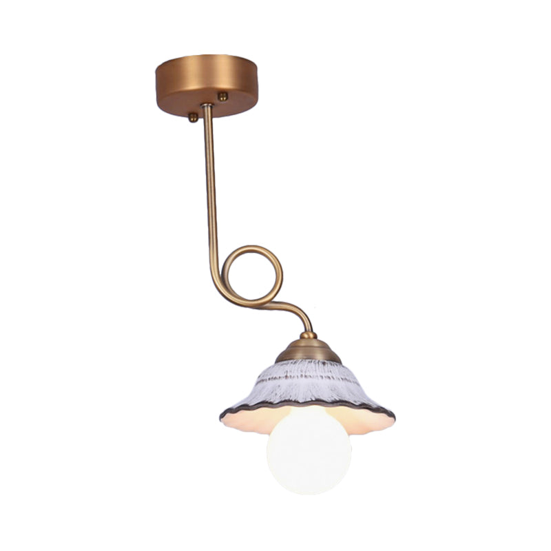 Ceramics Scalloped Cone Semi Flush Light Korea Country 1/2/3-Bulb Coffee House Close to Ceiling Lamp in White with Brass Spiral Arm