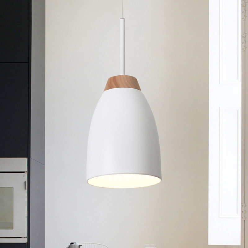 Luce a ciondolo a campana Light Minimal Metal 1 lampadina bianca/nera e legna lampada a soffitto sopra il tavolo