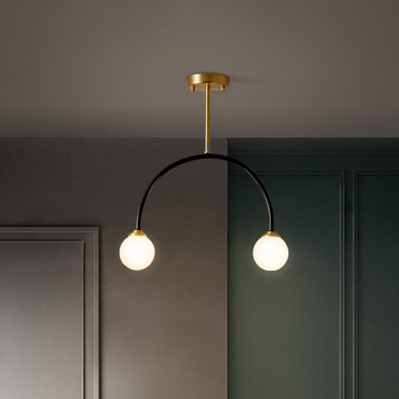 Arced Restaurant Semi Mount Lighting Metallic 2-Bulb Minimal LED Flush Ceiling Lamp in Brass and Black