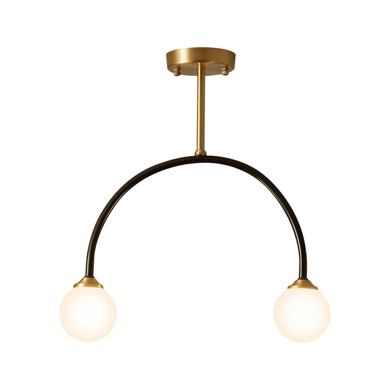 Arced Restaurant Semi Mount Lighting Metallic 2-Bulb Minimal LED Flush Ceiling Lamp in Brass and Black