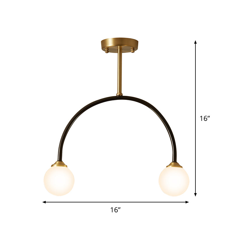 Arced Restaurant Semi Mount Lighting Metallic 2-Bulb Minimal LED Flush Ceiling Lamp in Brass and Black