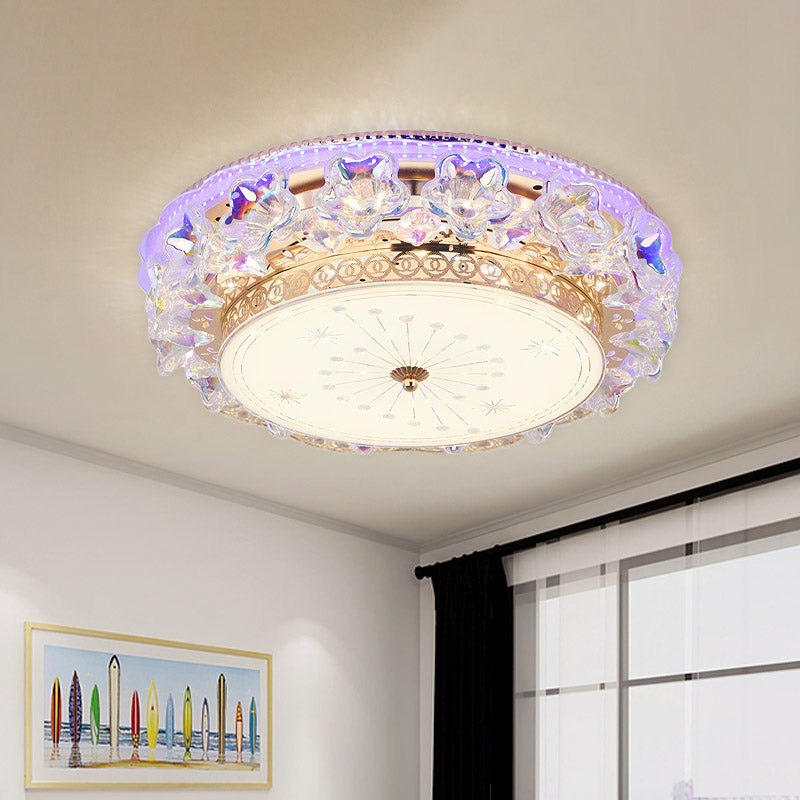 Gold LED Flush Mount Fixture Simple Clear Crystal Round Close to Ceiling Light with Star Design