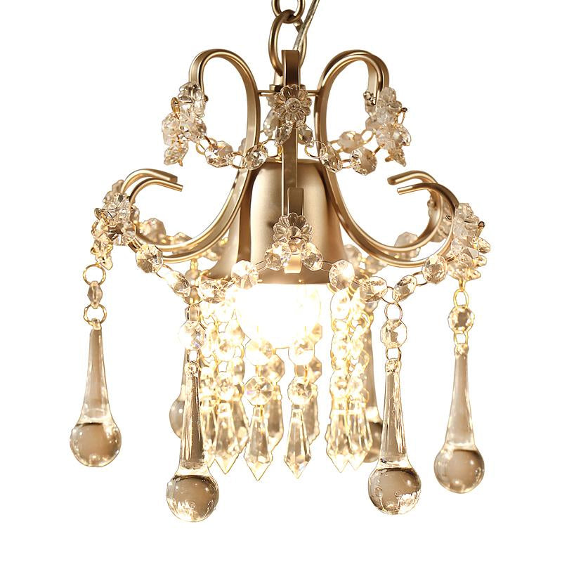 Gold 1 Glühbirne Anhängerlampe Klassiker Stil Metall Scroll -Rahmenhänge Deckenleuchte mit Kristalltropfen