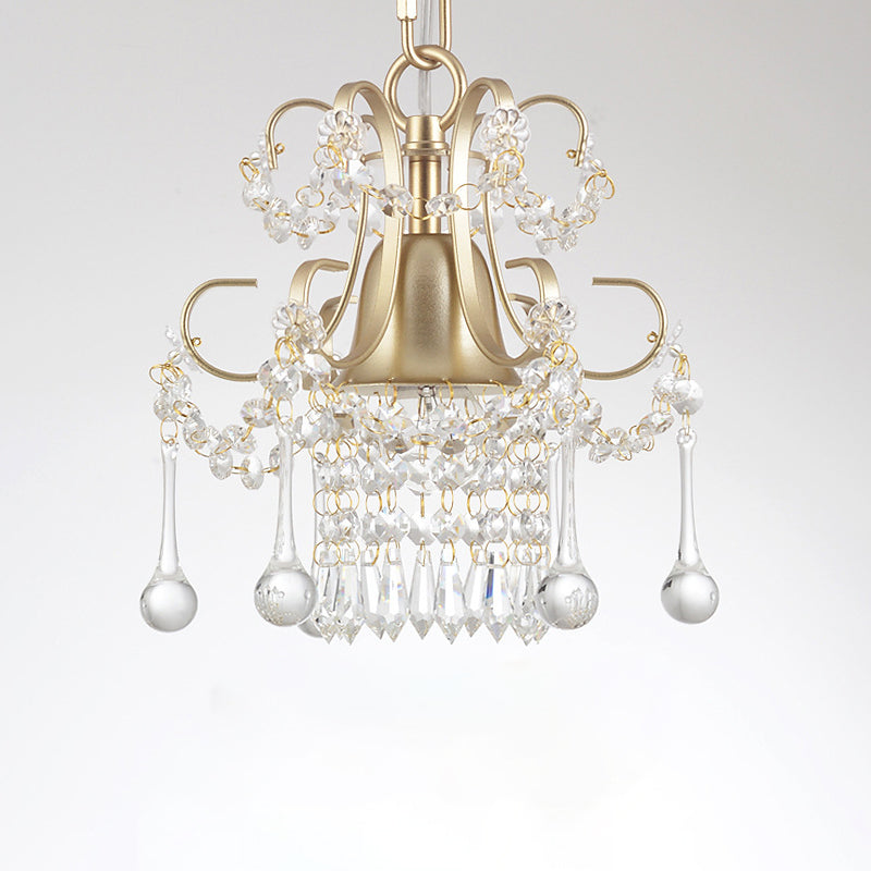 Gold 1 Bulb Pendant Lamp Classic Style Metal Scroll Frame Hanging Ceiling Light with Crystal Droplet