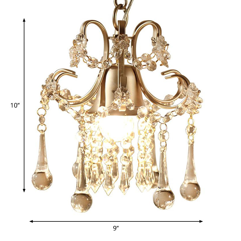 Gold 1 Glühbirne Anhängerlampe Klassiker Stil Metall Scroll -Rahmenhänge Deckenleuchte mit Kristalltropfen