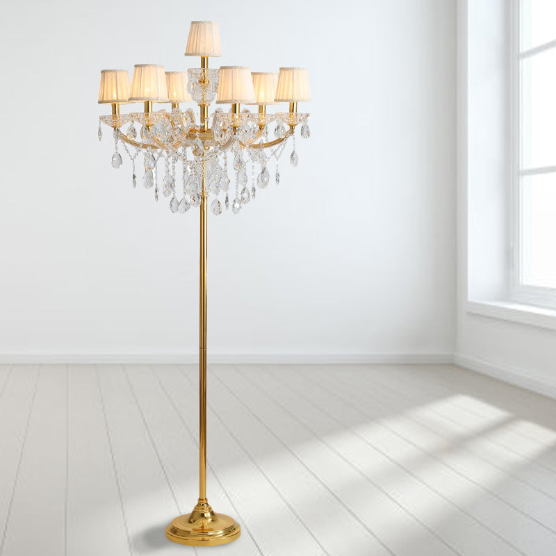 Stof geplooide lampenkap vloerlicht traditionele 7 koppen woonkamer staande lamp in goud met kristal accent